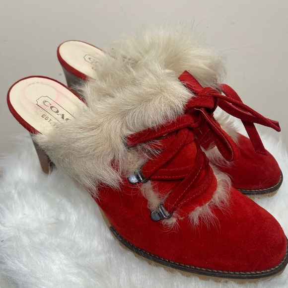 {EUC} Coach Kristy Suede And Faux Fur Mules Heels Shoes Italy 8.5 - Picture 1 of 11